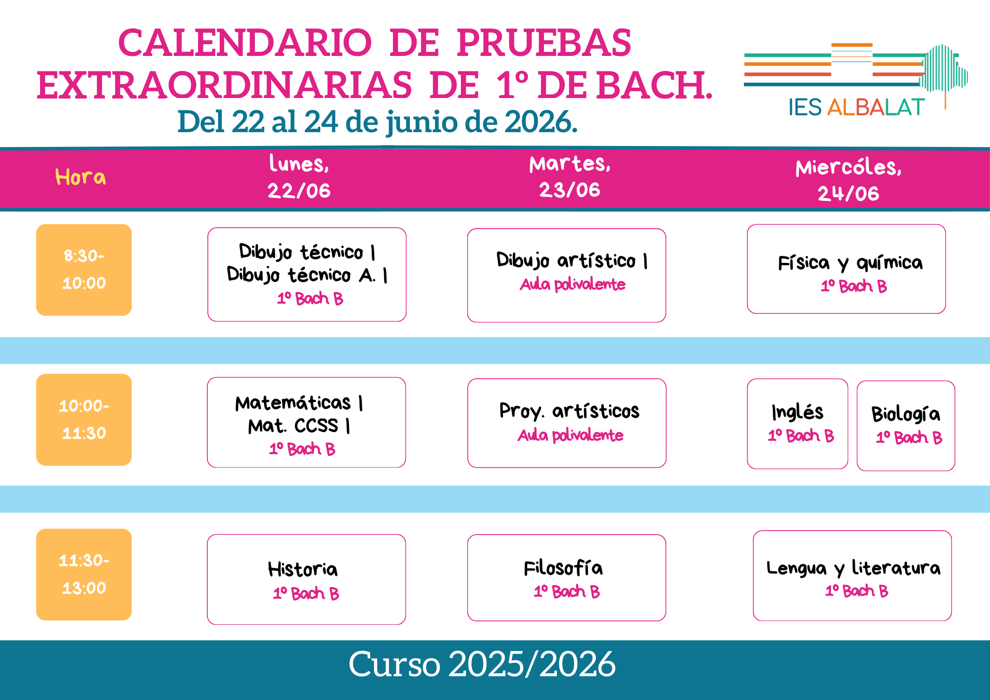Calendario de pruebas extraordinarias de 1 Bachillerato junio 26