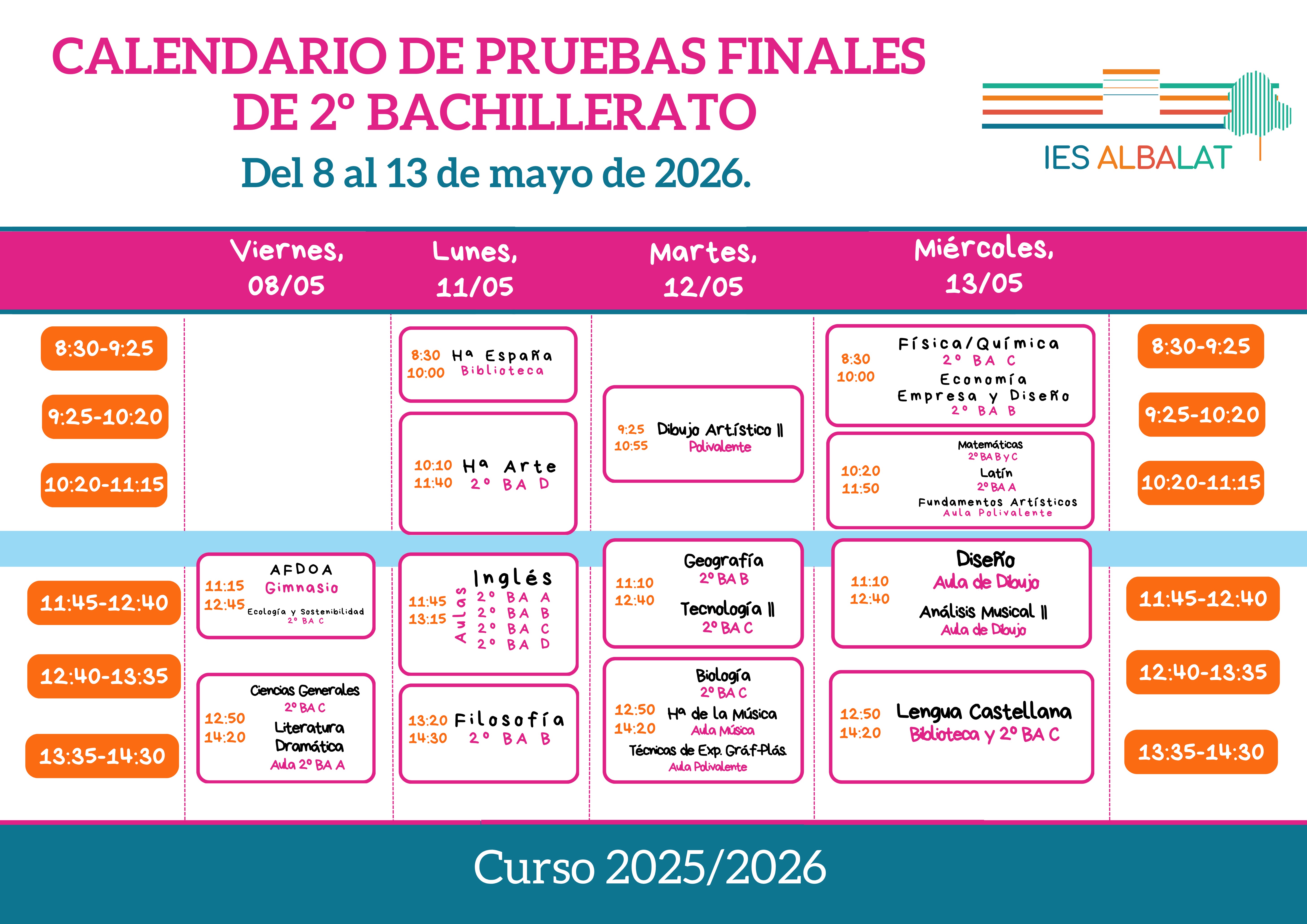 Calendario de pruebas finales Bachillerato