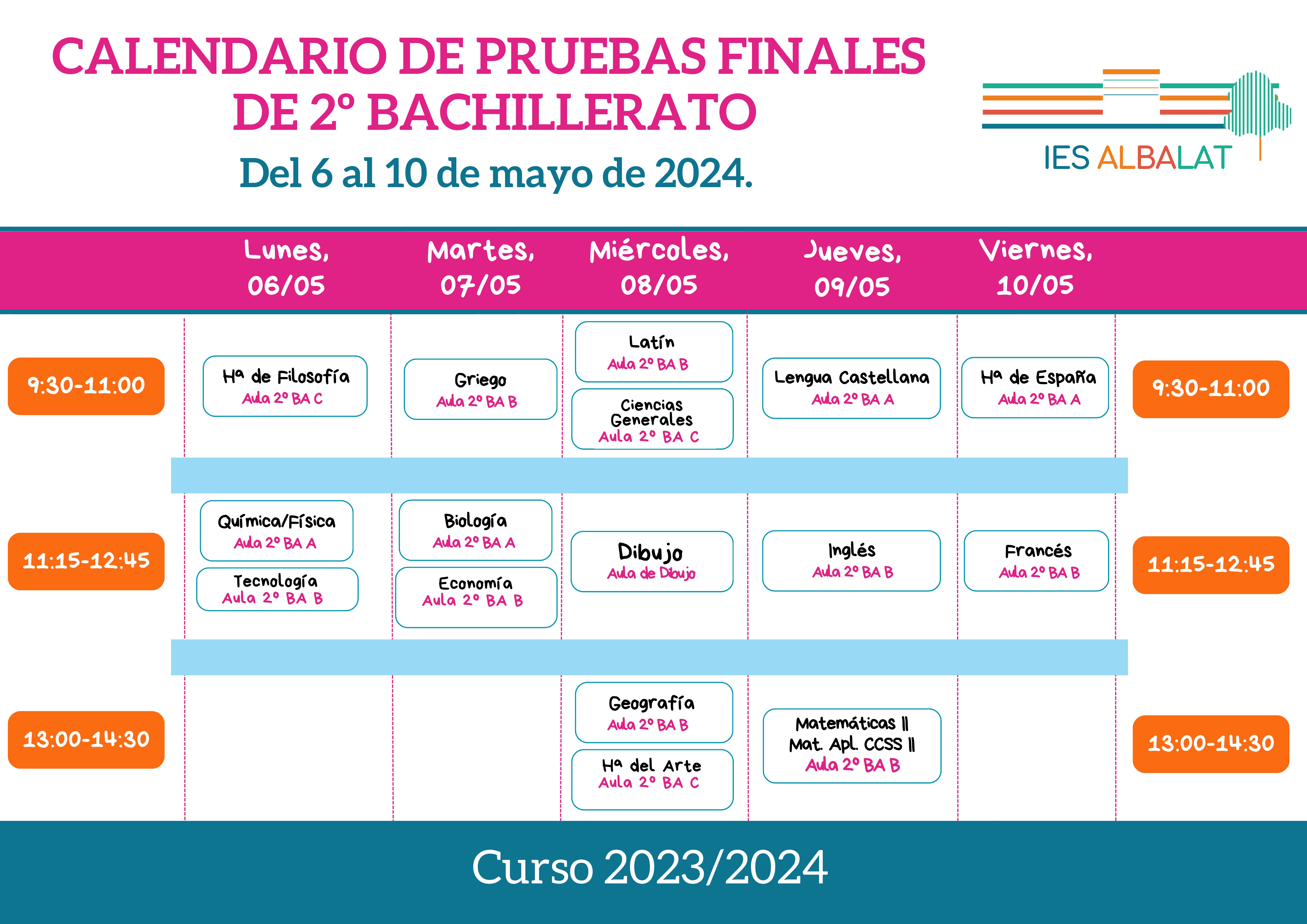 Calendario de pruebas finales de Bachillerato