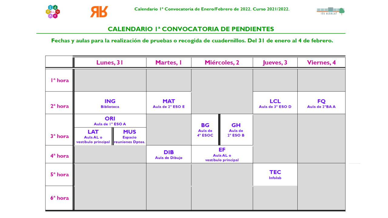 Calendario de la 1ª convocatoria de pendientes